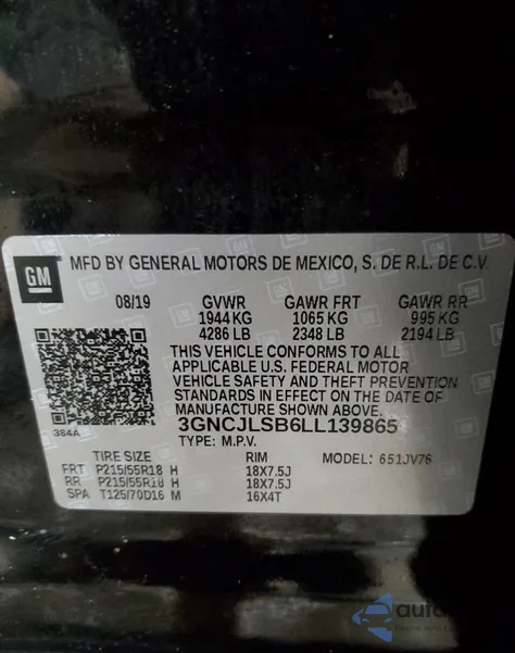 2020 Chevrolet Trax 1Lt z USA, uszkodzony, nr VIN 3GNCJLSB6LL139865